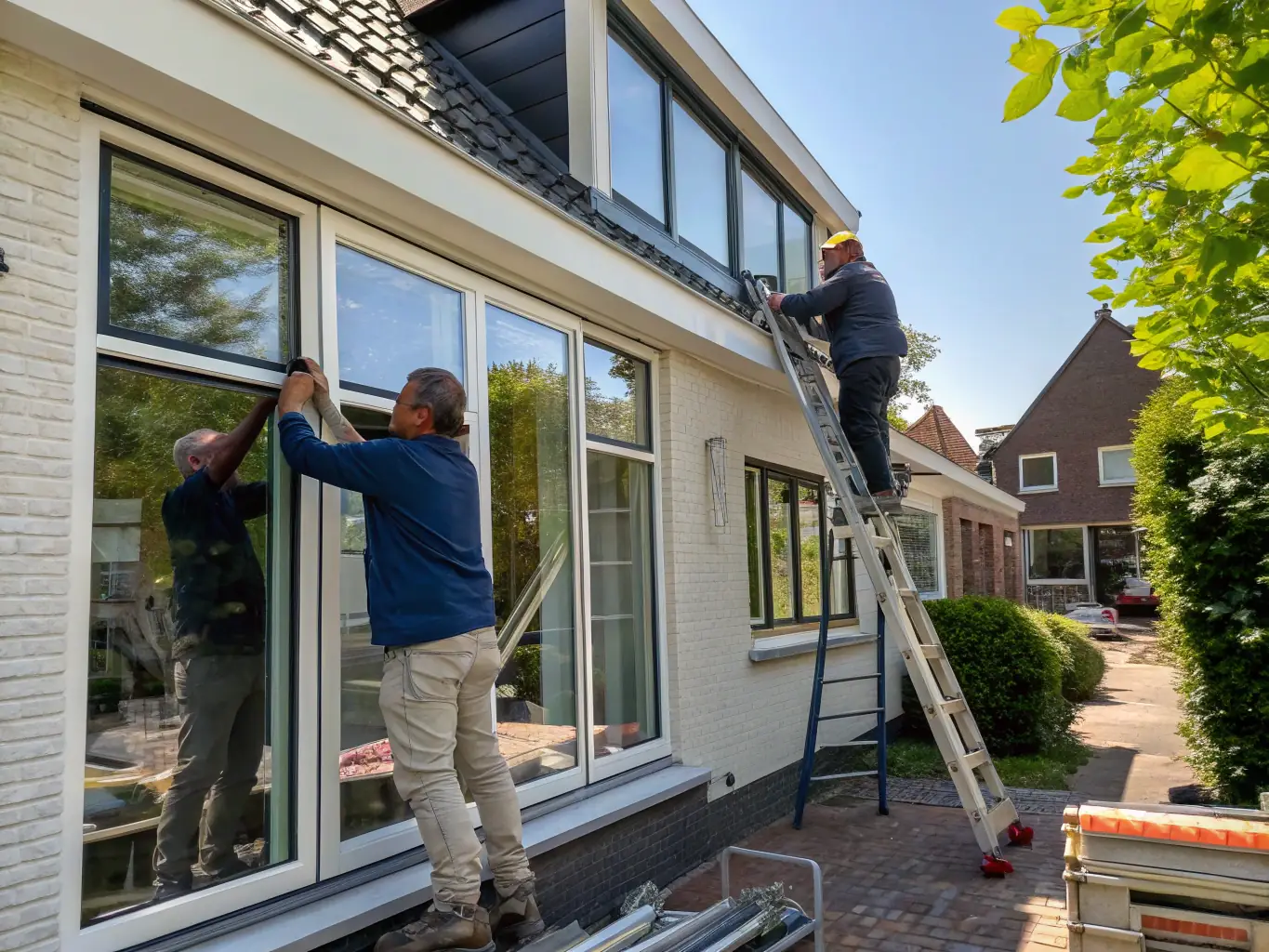 A technician installing a new energy-efficient window in a modern home, with natural light streaming in. The image highlights the benefits of energy-efficient windows.