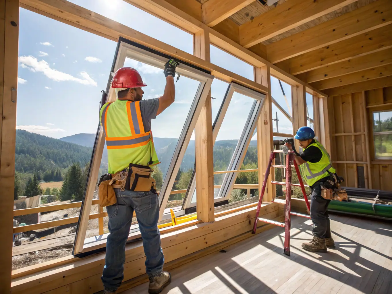 A JM Construction Group team member installing a new energy-efficient window in a residential home, demonstrating precision and attention to detail during the window replacement process.